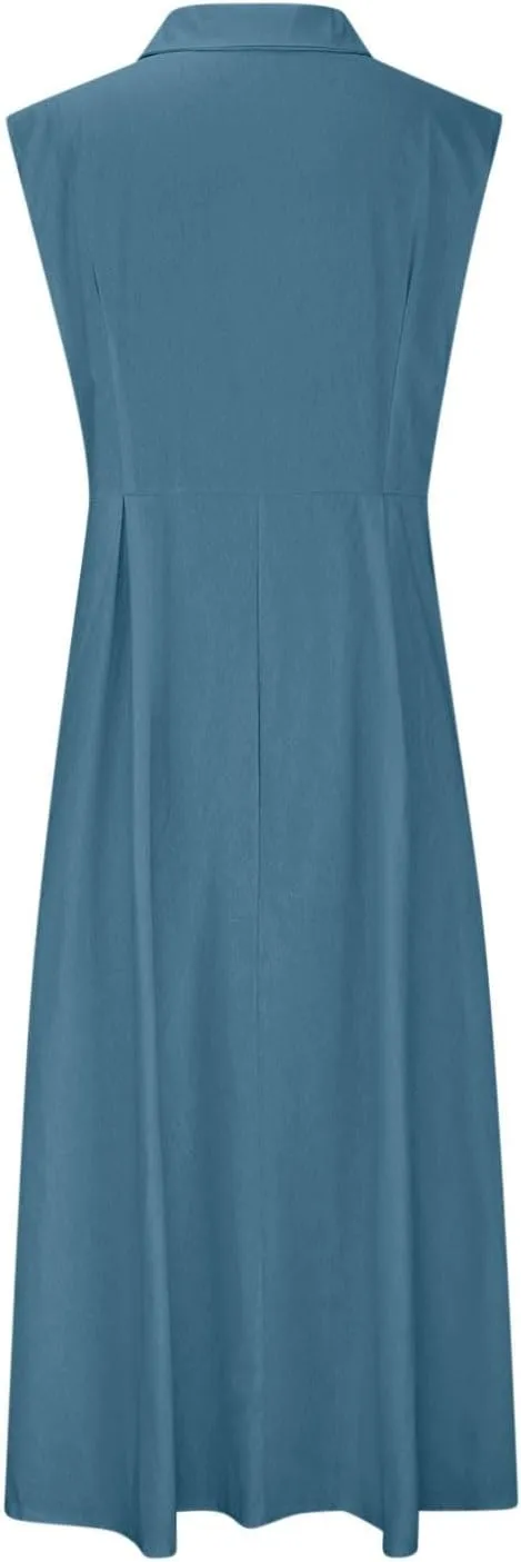 Womens Summer Dresses 2025 Maxi Linen Dresses Casual Lightweight Sleeveless Button Down V Neck Summer Beach Dresses