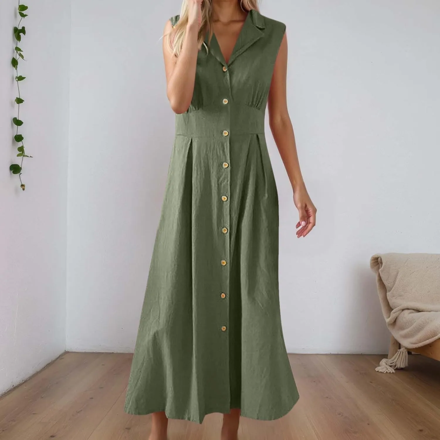 Womens Summer Dresses 2025 Maxi Linen Dresses Casual Lightweight Sleeveless Button Down V Neck Summer Beach Dresses