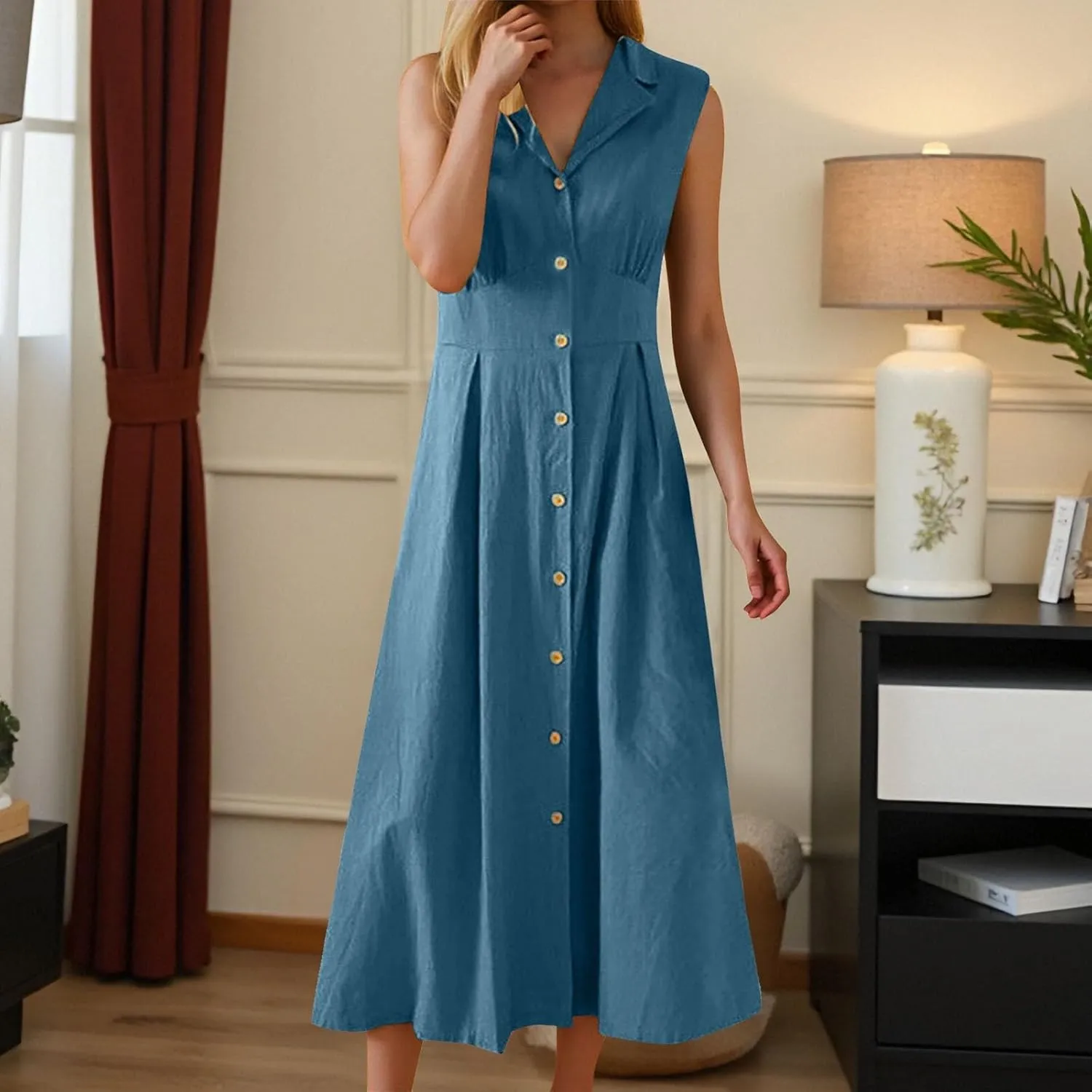Womens Summer Dresses 2025 Maxi Linen Dresses Casual Lightweight Sleeveless Button Down V Neck Summer Beach Dresses