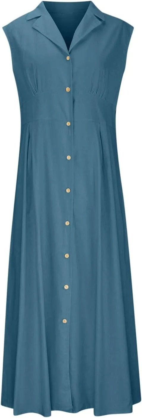 Womens Summer Dresses 2025 Maxi Linen Dresses Casual Lightweight Sleeveless Button Down V Neck Summer Beach Dresses