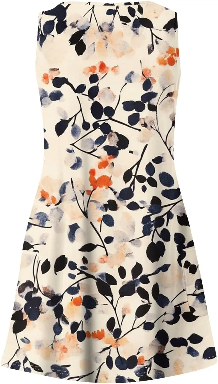 Womens Summer Dresses 2025 Vacation Dress with Pocket Printed V Neck Swimsuit Coverup Casual Sleeveless Sundress