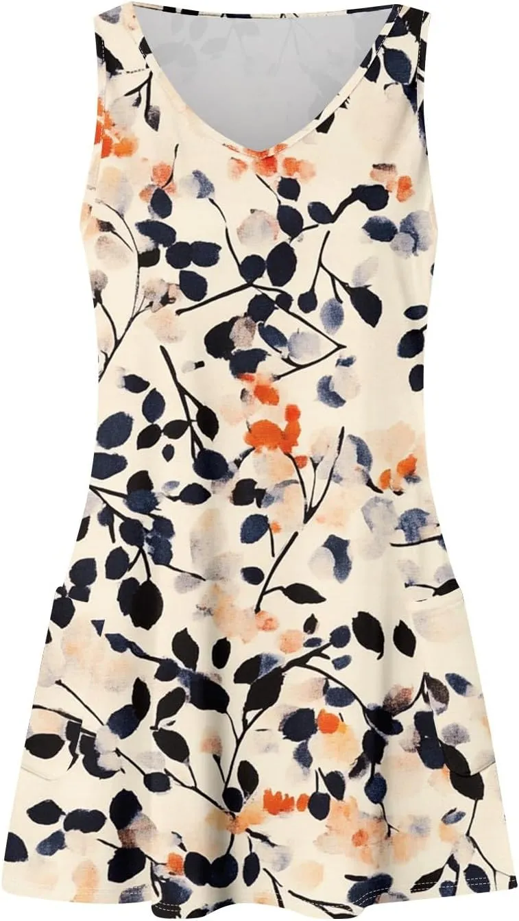 Womens Summer Dresses 2025 Vacation Dress with Pocket Printed V Neck Swimsuit Coverup Casual Sleeveless Sundress