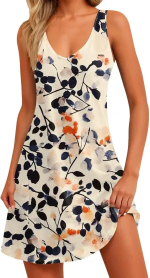 Womens Summer Dresses 2025 Vacation Dress with Pocket Printed V Neck Swimsuit Coverup Casual Sleeveless Sundress