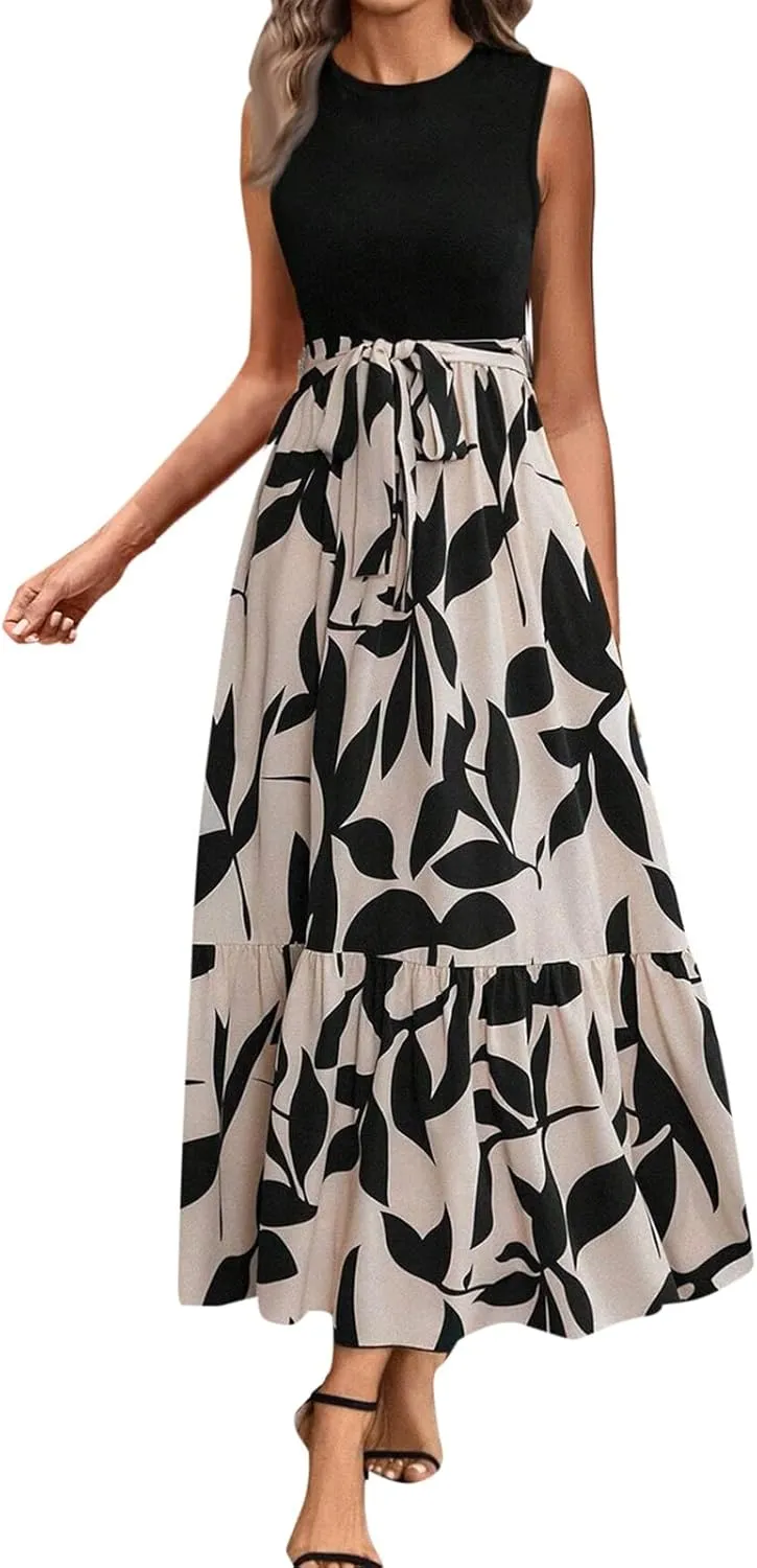Women's Summer Sleeveless Maxi Dress 2025 Casual Crewneck Pleated Flowy Long Dress High Waisted Belted Ruffle Sundress