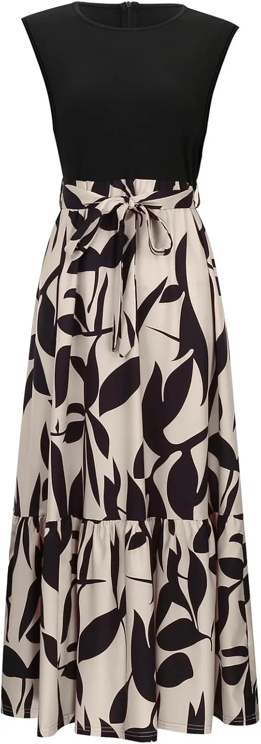 Women's Summer Sleeveless Maxi Dress 2025 Casual Crewneck Pleated Flowy Long Dress High Waisted Belted Ruffle Sundress