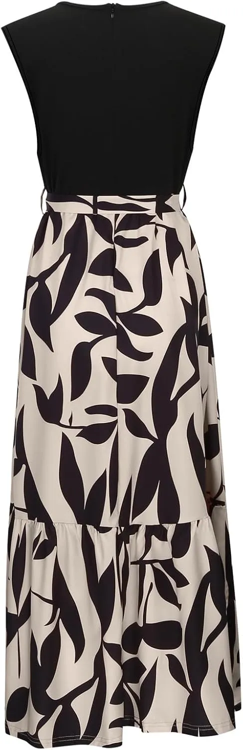 Women's Summer Sleeveless Maxi Dress 2025 Casual Crewneck Pleated Flowy Long Dress High Waisted Belted Ruffle Sundress