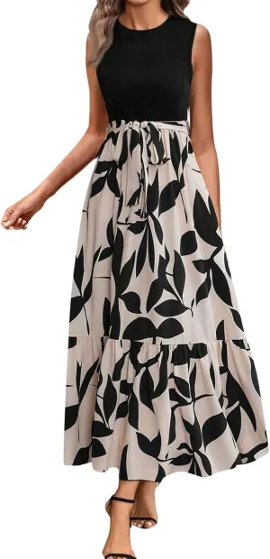 Women's Summer Sleeveless Maxi Dress 2025 Casual Crewneck Pleated Flowy Long Dress High Waisted Belted Ruffle Sundress
