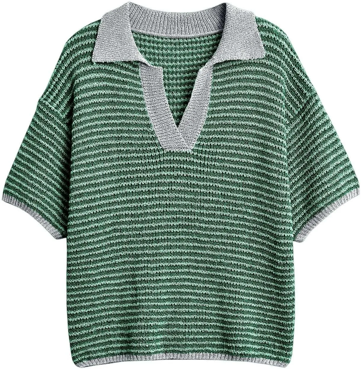 Womens Sweater Set 2 Piece Outfits 3/4 Sleeve V Neck Striped Knit Top High Waist Lounge Shorts Suit Casual Stylish Oversized