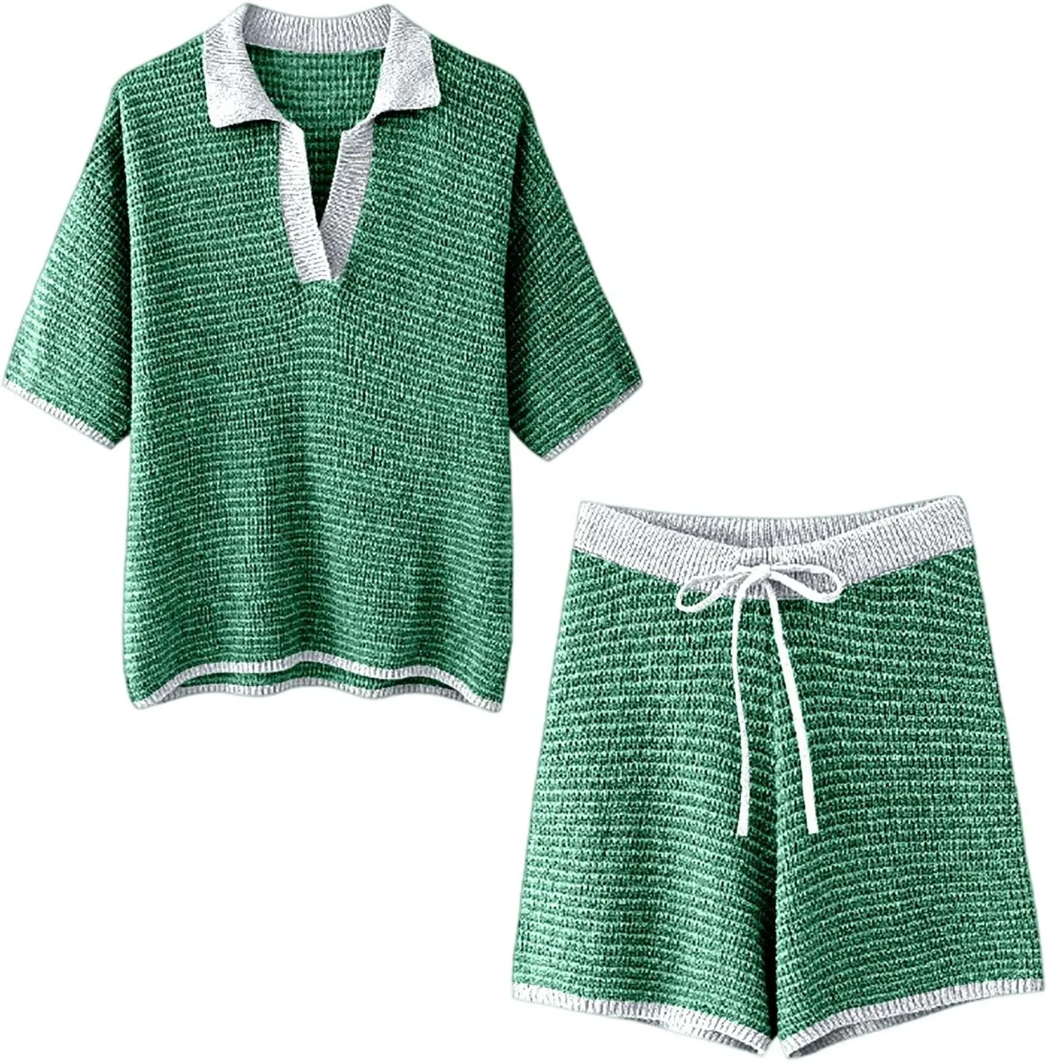 Womens Sweater Set 2 Piece Outfits 3/4 Sleeve V Neck Striped Knit Top High Waist Lounge Shorts Suit Casual Stylish Oversized
