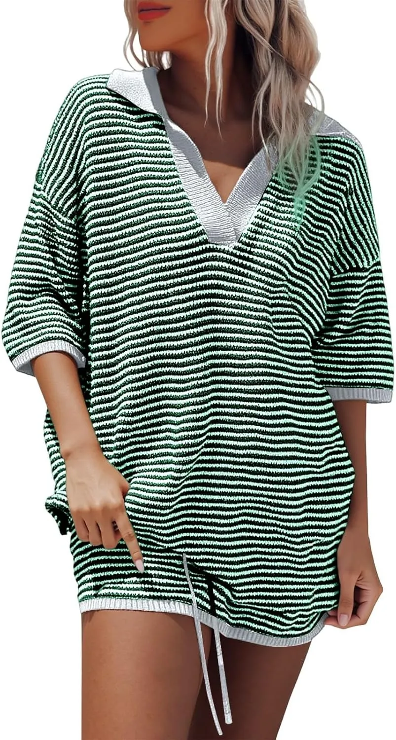 Womens Sweater Set 2 Piece Outfits 3/4 Sleeve V Neck Striped Knit Top High Waist Lounge Shorts Suit Casual Stylish Oversized