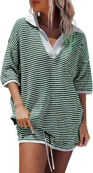Womens Sweater Set 2 Piece Outfits 3/4 Sleeve V Neck Striped Knit Top High Waist Lounge Shorts Suit Casual Stylish Oversized
