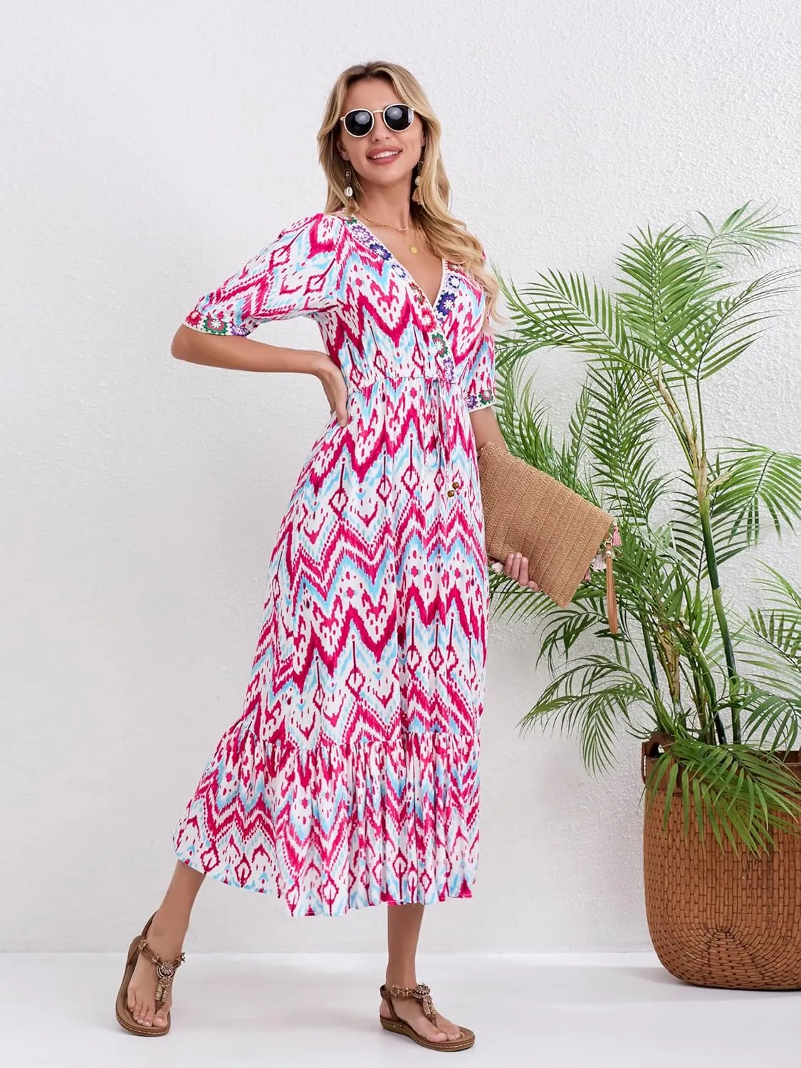 Womens V Neck Short Sleeves High Waist Floral Print Casual Bohemian Midi Dresses