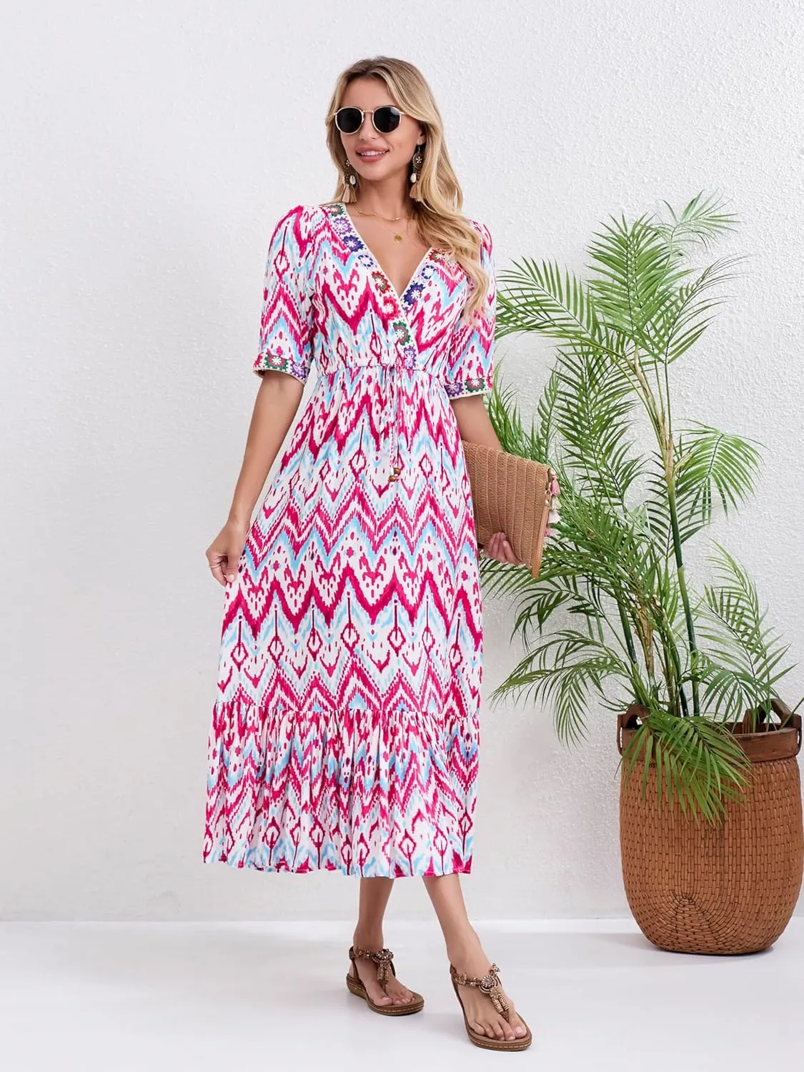 Womens V Neck Short Sleeves High Waist Floral Print Casual Bohemian Midi Dresses