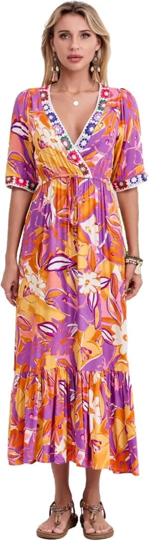 Womens V Neck Short Sleeves High Waist Floral Print Casual Bohemian Midi Dresses