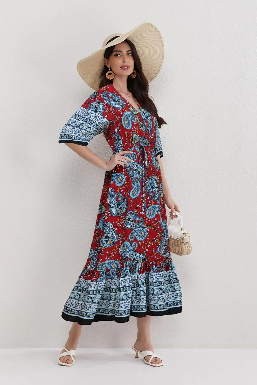 Womens V Neck Short Sleeves High Waist Floral Print Casual Bohemian Midi Dresses