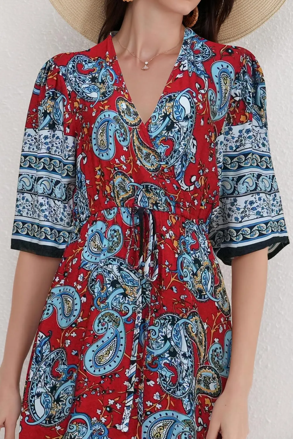 Womens V Neck Short Sleeves High Waist Floral Print Casual Bohemian Midi Dresses