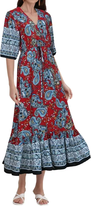 Womens V Neck Short Sleeves High Waist Floral Print Casual Bohemian Midi Dresses
