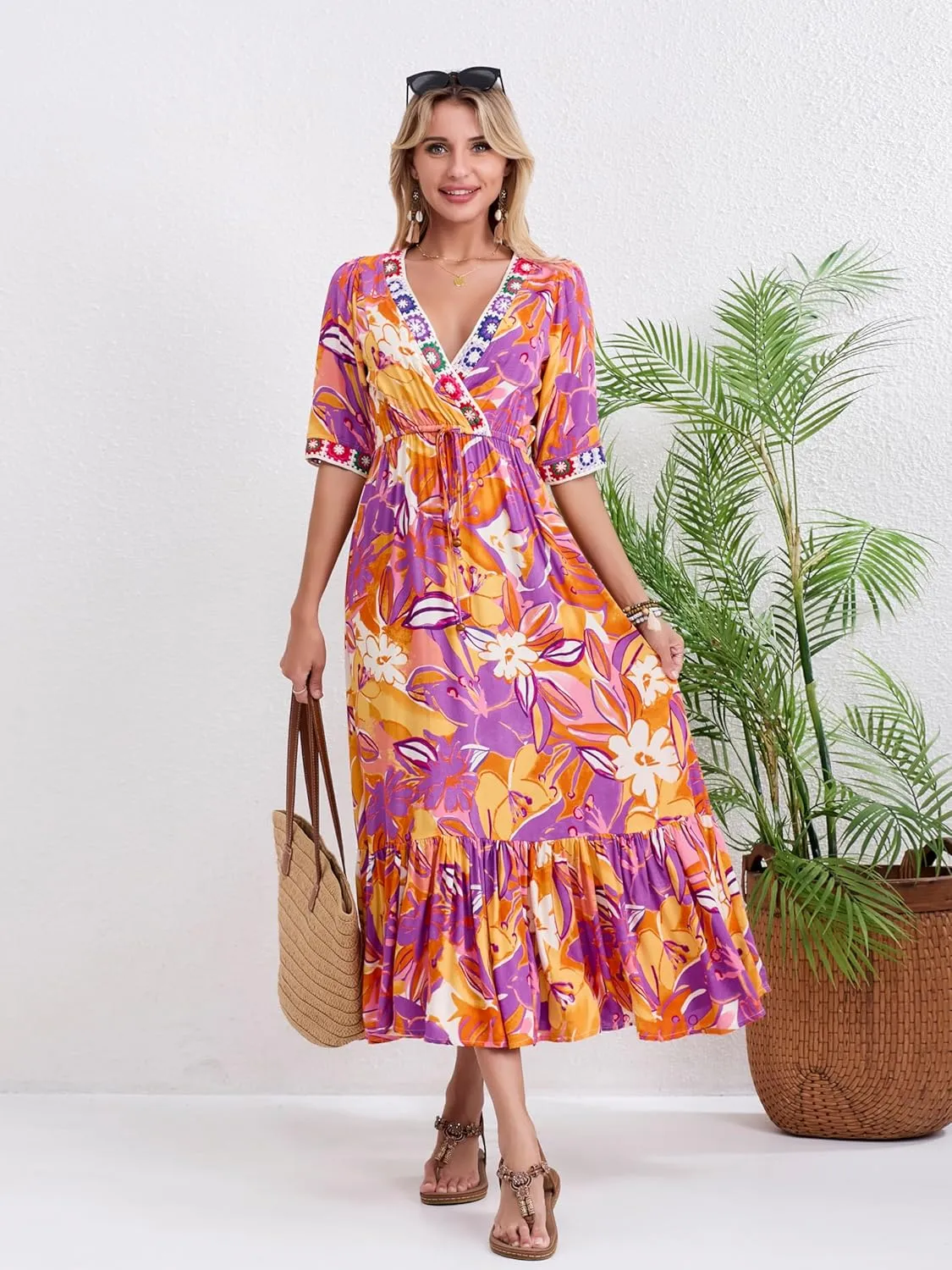 Womens V Neck Short Sleeves High Waist Floral Print Casual Bohemian Midi Dresses