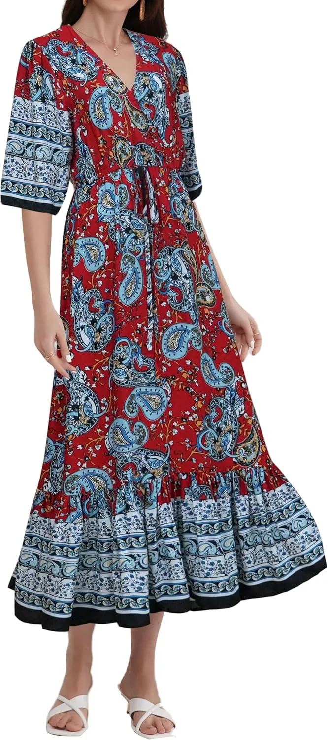 Womens V Neck Short Sleeves High Waist Floral Print Casual Bohemian Midi Dresses