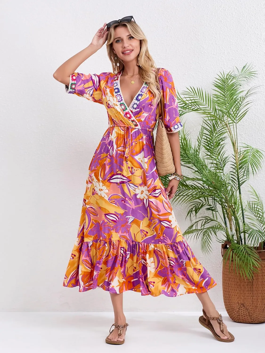 Womens V Neck Short Sleeves High Waist Floral Print Casual Bohemian Midi Dresses