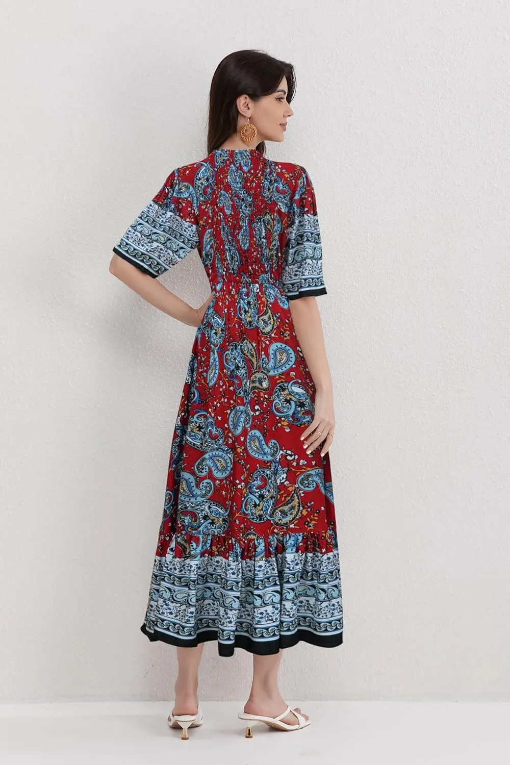 Womens V Neck Short Sleeves High Waist Floral Print Casual Bohemian Midi Dresses
