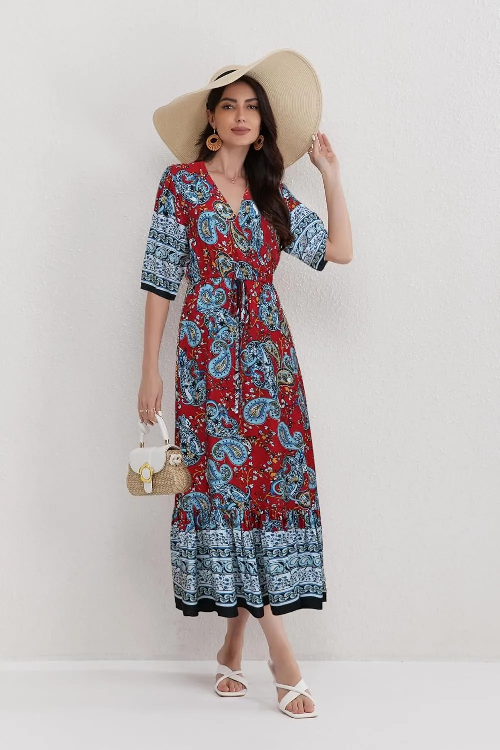 Womens V Neck Short Sleeves High Waist Floral Print Casual Bohemian Midi Dresses