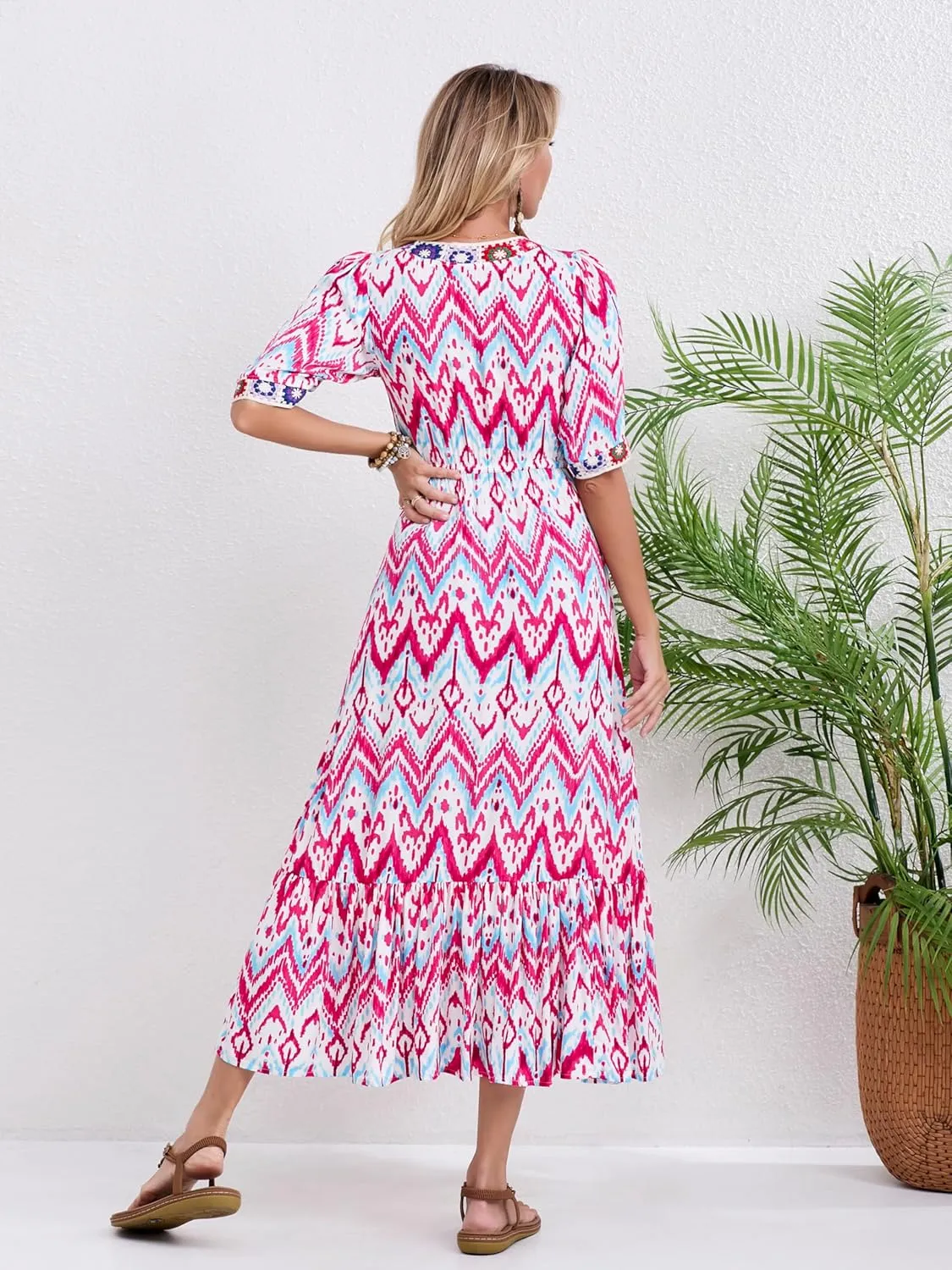 Womens V Neck Short Sleeves High Waist Floral Print Casual Bohemian Midi Dresses