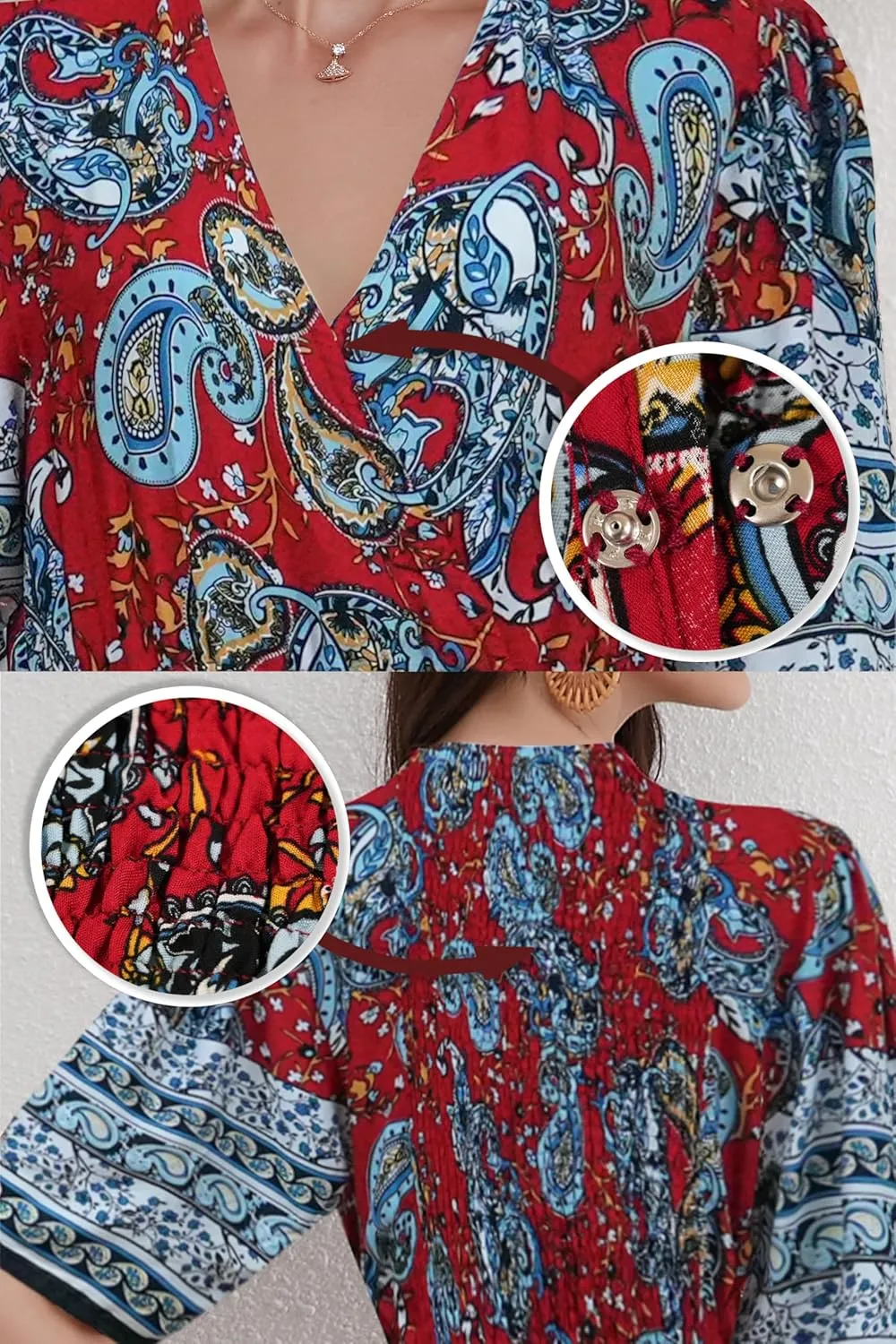 Womens V Neck Short Sleeves High Waist Floral Print Casual Bohemian Midi Dresses