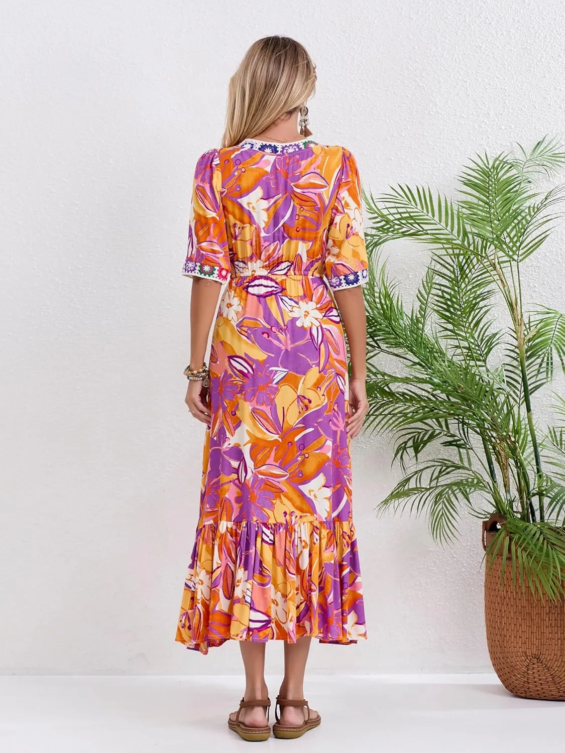 Womens V Neck Short Sleeves High Waist Floral Print Casual Bohemian Midi Dresses