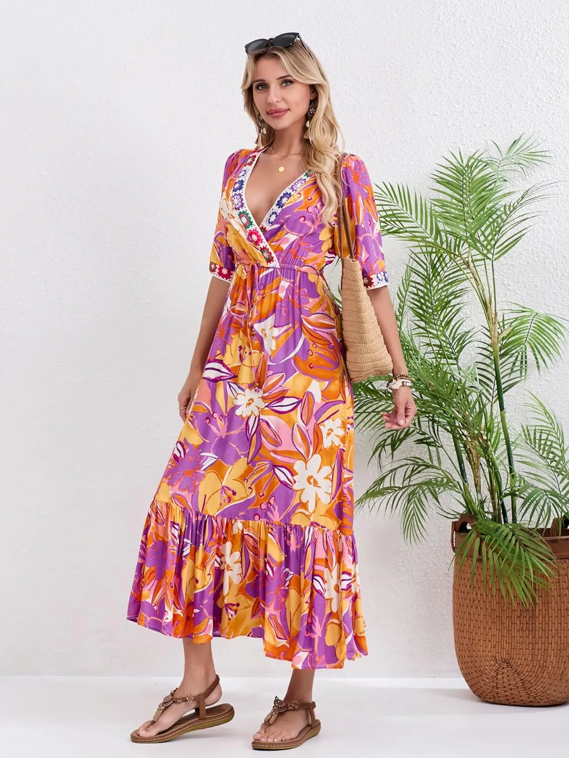 Womens V Neck Short Sleeves High Waist Floral Print Casual Bohemian Midi Dresses