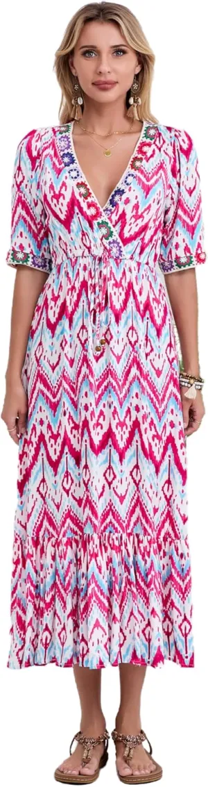Womens V Neck Short Sleeves High Waist Floral Print Casual Bohemian Midi Dresses