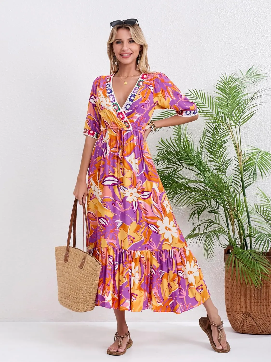 Womens V Neck Short Sleeves High Waist Floral Print Casual Bohemian Midi Dresses