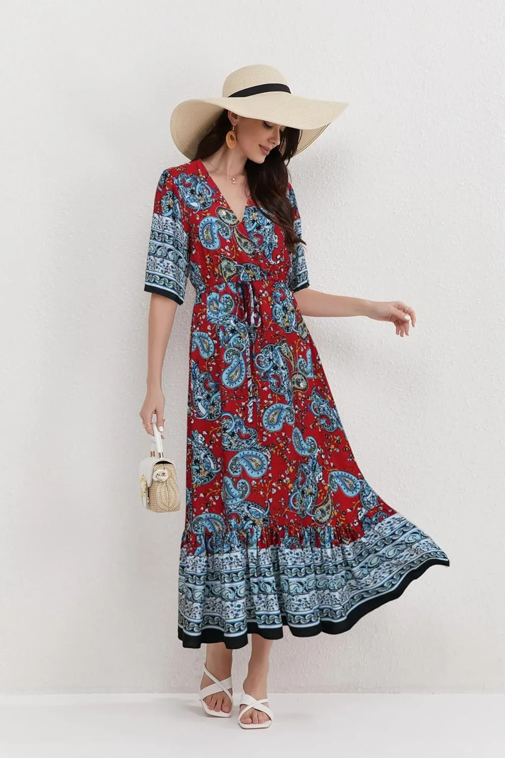 Womens V Neck Short Sleeves High Waist Floral Print Casual Bohemian Midi Dresses