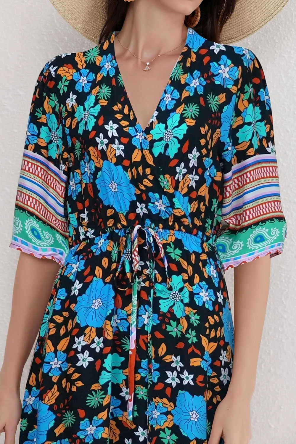 Womens V Neck Short Sleeves High Waist Floral Print Casual Bohemian Midi Dresses