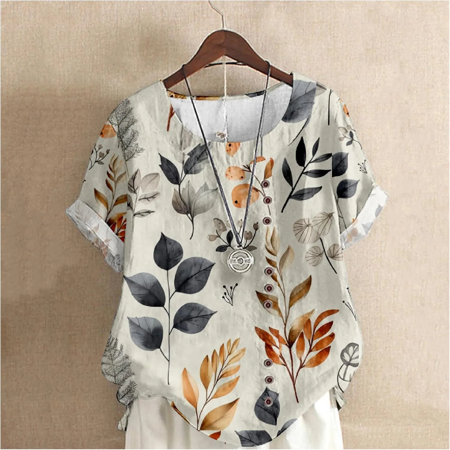 Women's Vintage Linen Tops Short Sleeve Boho Summer Graphic Tees Tunic Shirts Casual Fashion Button Blouses