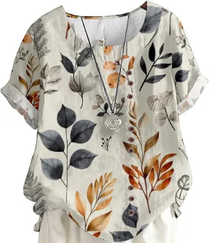 Women's Vintage Linen Tops Short Sleeve Boho Summer Graphic Tees Tunic Shirts Casual Fashion Button Blouses