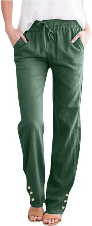 Women's Wide Leg Pants High Waist Casual Summer Linen Pants Drawstring Straight Leg Lounge Trousers with Pockets