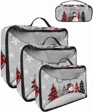 Xmas Snowman Checked Christmas Tree 4 Set Packing Cubes, Winter Snowflake Dot Grey Packing Cubes for Carry on Suitcase Travel Essential Bag for Clothes Shoes Cosmetics Toiletry