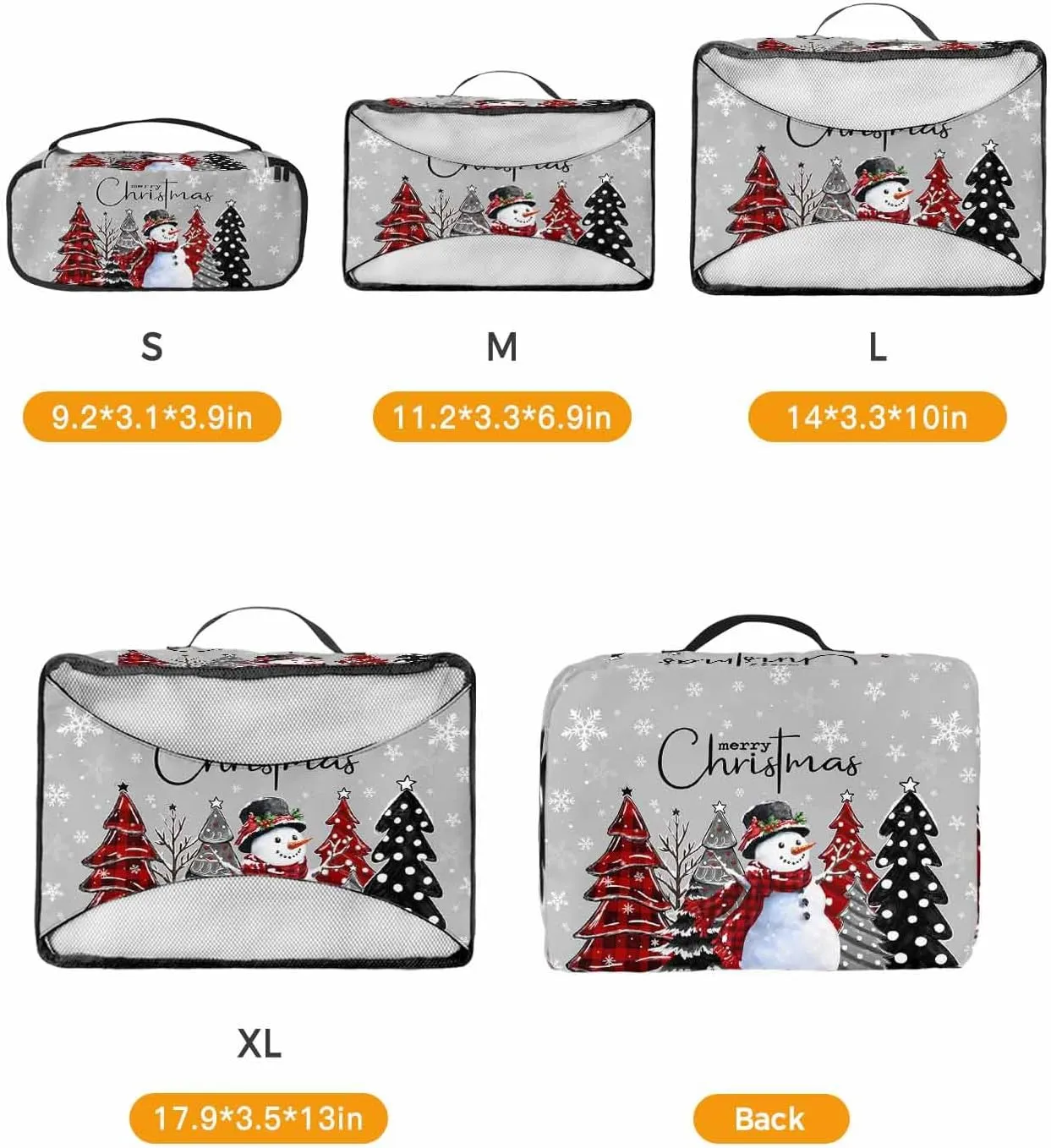 Xmas Snowman Checked Christmas Tree 4 Set Packing Cubes, Winter Snowflake Dot Grey Packing Cubes for Carry on Suitcase Travel Essential Bag for Clothes Shoes Cosmetics Toiletry