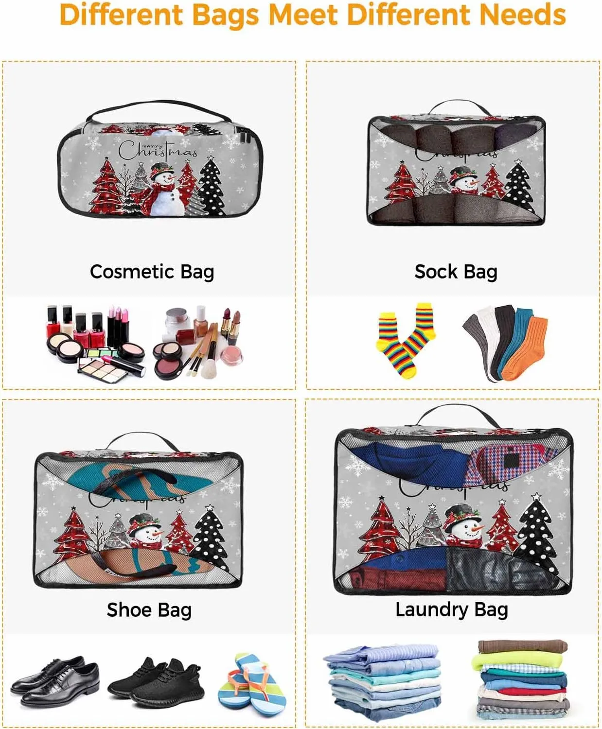 Xmas Snowman Checked Christmas Tree 4 Set Packing Cubes, Winter Snowflake Dot Grey Packing Cubes for Carry on Suitcase Travel Essential Bag for Clothes Shoes Cosmetics Toiletry