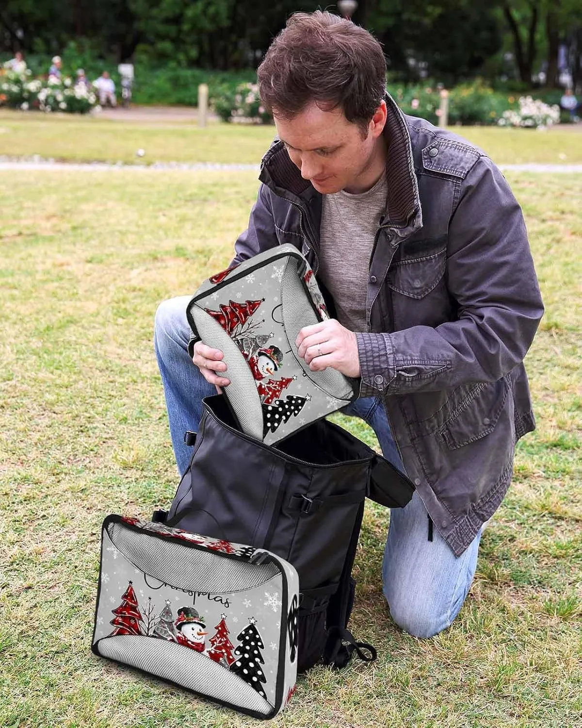 Xmas Snowman Checked Christmas Tree 4 Set Packing Cubes, Winter Snowflake Dot Grey Packing Cubes for Carry on Suitcase Travel Essential Bag for Clothes Shoes Cosmetics Toiletry