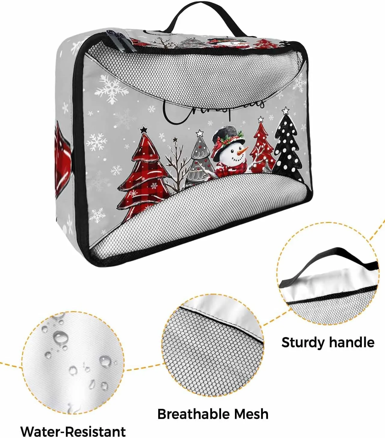 Xmas Snowman Checked Christmas Tree 4 Set Packing Cubes, Winter Snowflake Dot Grey Packing Cubes for Carry on Suitcase Travel Essential Bag for Clothes Shoes Cosmetics Toiletry