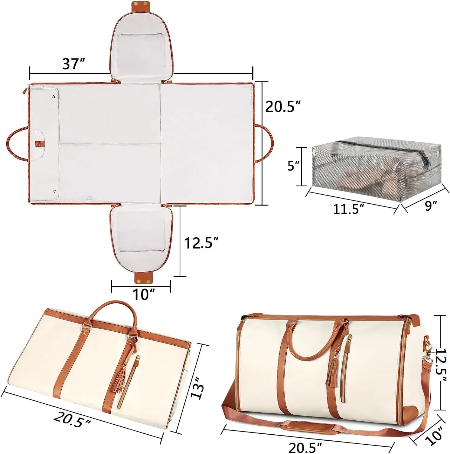 Ytonet Garment Bags for Travel, Convertible Carry on Garment Bag Large Duffle Bags for Women, 2 in 1 Hanging Suitcase Suit Water Resistant Duffel Travel Bags with Shoe Pouch, Beige