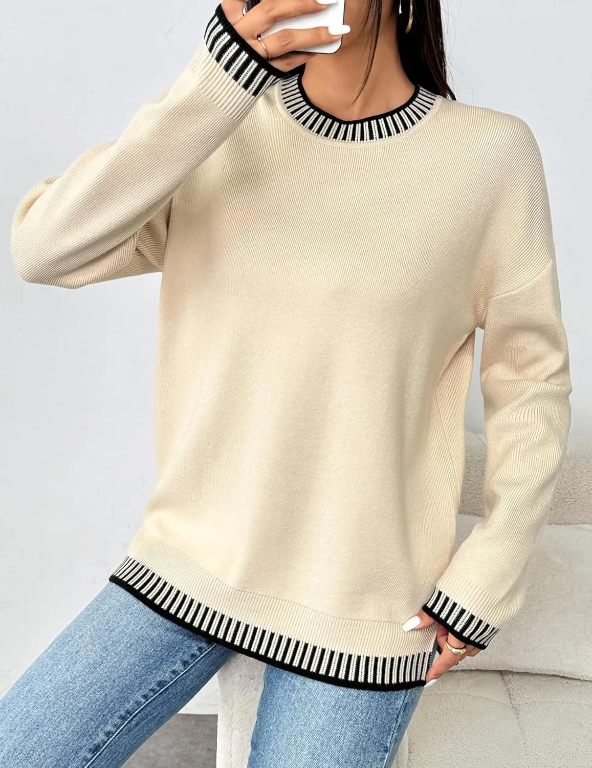 Zeagoo Womens Crewneck Pullover Sweater Long Sleeve Knit Side Slit 2024 Fall Winter Sweater Tops