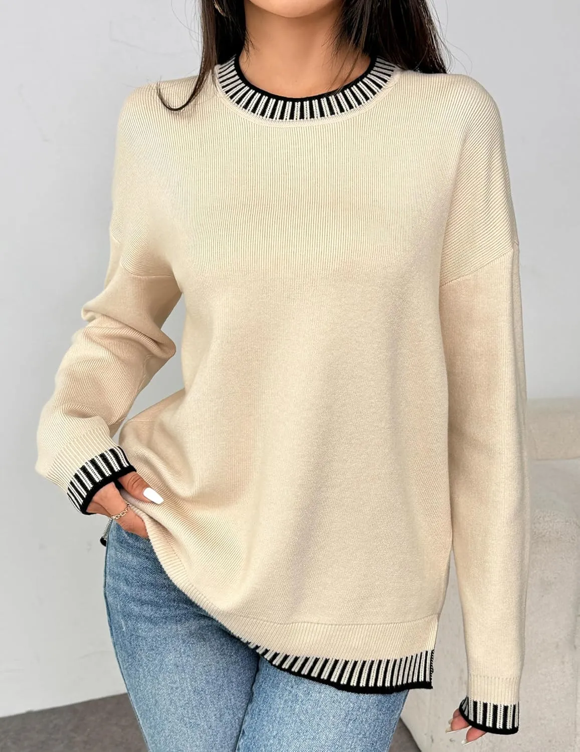 Zeagoo Womens Crewneck Pullover Sweater Long Sleeve Knit Side Slit 2024 Fall Winter Sweater Tops