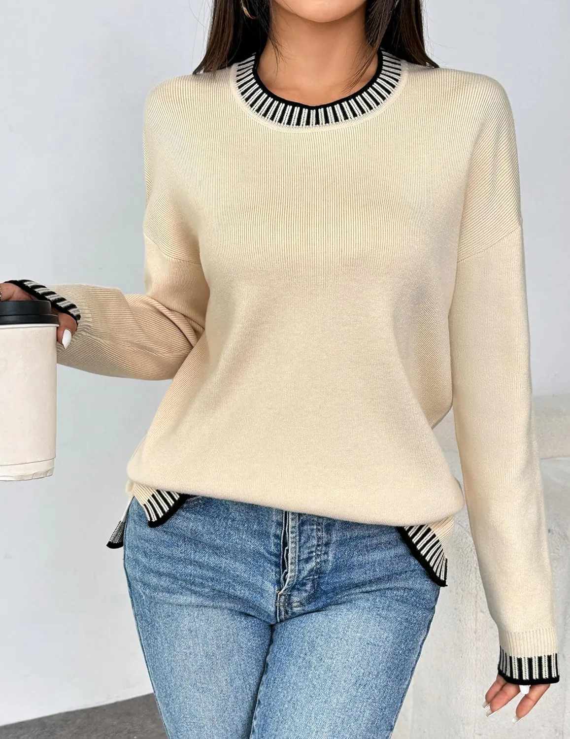 Zeagoo Womens Crewneck Pullover Sweater Long Sleeve Knit Side Slit 2024 Fall Winter Sweater Tops