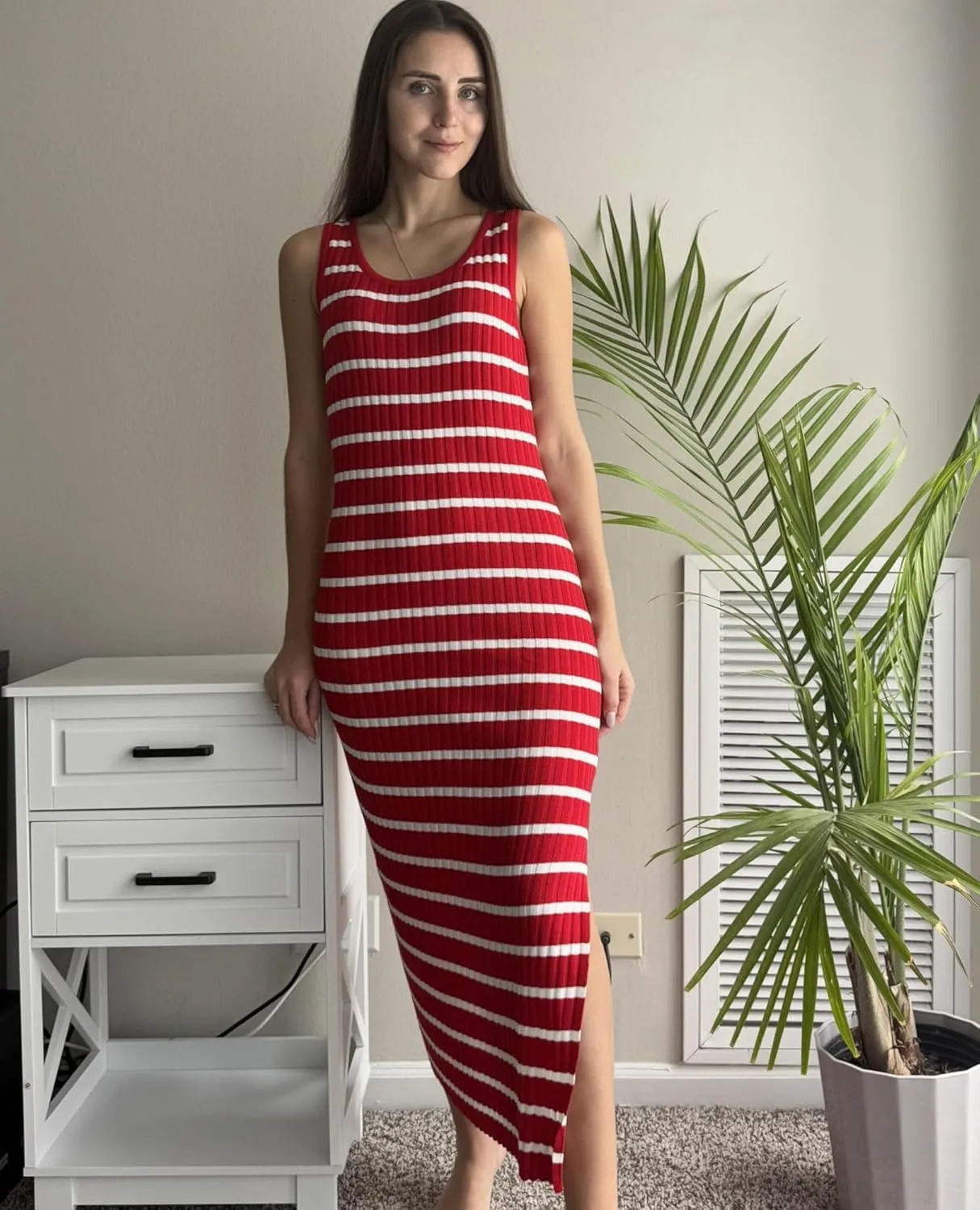 Zeagoo Women's Spring Summer Casual Dress Bodycon Midi Sleeveless Striped Knit Maternity Tank Sweater Dresses with Side Slit