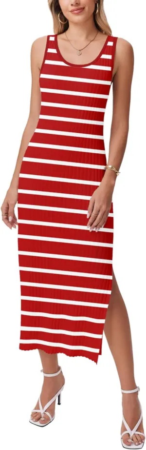 Zeagoo Women's Spring Summer Casual Dress Bodycon Midi Sleeveless Striped Knit Maternity Tank Sweater Dresses with Side Slit