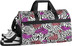 Zebra Print Heart Sports Gym Bag for Women and Men Travel Duffel Bag Animal Overnight Shoulder Bag Waterproof Workout Bag Portable Sports Tote with Shoes Compartment