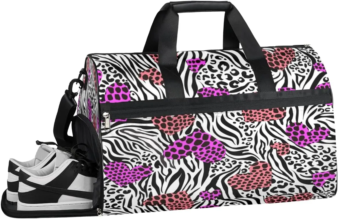 Zebra Print Heart Sports Gym Bag for Women and Men Travel Duffel Bag Animal Overnight Shoulder Bag Waterproof Workout Bag Portable Sports Tote with Shoes Compartment